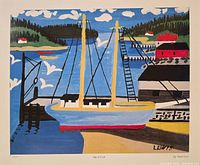 Full view of lithograph showing harbour scene