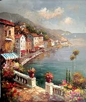 Front view of oil painting showing entire coastal scene