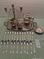 Full lot: tray, teapot, sugar bowl, creamer, candelabra, 22 spoons, small fork