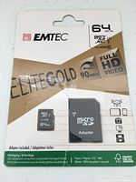 Front of sealed EMTEC Elite Gold package showing microSD card and adapter