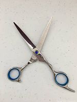 Stainless steel scissors open showing blue finger inserts and polished finish