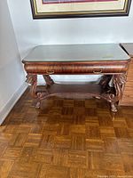 Full view of desk front with glass top