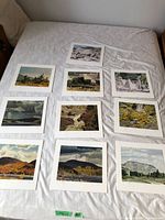 Top view of nine of the ten unique Casson prints laid out on bed