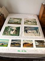 Overview of several Casson prints laid out on bed