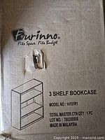 Front of retail carton displaying brand, model 14151R1, 3 shelf bookcase graphic, visible puncture damage
