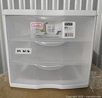 Front view of Sterilite three-drawer unit showing clear drawers and label