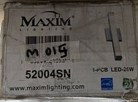 Box showing Maxim Lighting branding, model 52004SN, LED-20 W specification