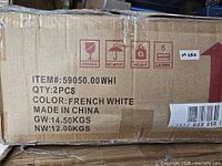 Carton showing item number 59050.00WHI, quantity 2, color French White, weights