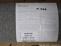 Close-up of specification label showing model, size, material, origin