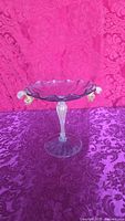 Compote side view showing purple bowl, clear stem, dolphin handles