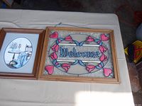 Stained glass Welcome panel and oval print of oil lamp with chair