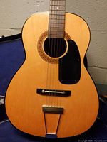 Front view of guitar showing rosette, pickguard, bridge and finish