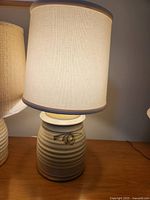 Both lamps on a wooden surface, showing full view with shades lit