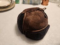 Top view showing brown suede exterior and leather ties
