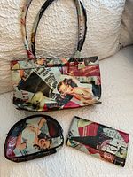 Handbag, wallet and cosmetic pouch front view showing matching print and sizes