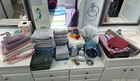 Overall view of towels, tissues, accessories on countertop