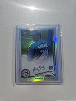 Front view of Aaron Sanchez 2014 Topps Chrome refractor autograph rookie card in sleeve