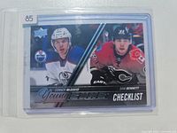 Front view of 2015 Upper Deck Young Guns hockey checklist card in sleeve and top loader