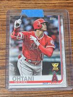Front view of 2019 Topps Shohei Ohtani Gold Cup card in top-loader