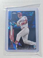 Front view of 2020 Topps Chrome Sapphire Mike Trout card in protective sleeve
