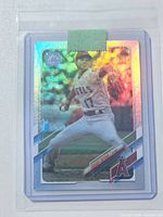 Front of 2021 Topps 70th Shohei Ohtani foil refractor card in protective sleeve