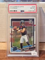 Front of PSA-slabbed CJ Stroud rookie card showing label with year, set, card number, grade and certification number