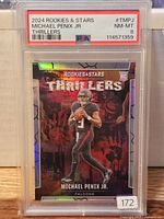 Front of PSA slabbed 2024 Panini Rookies & Stars Thrillers Michael Penix Jr refractor rookie card showing grade label and artwork