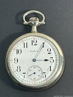 Front view of Elgin pocket watch showing dial, hands and case