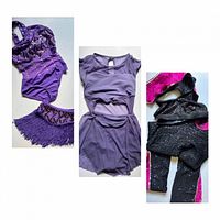 Glamour leotard with fringe belt, Balera lavender dress, Balera black/pink set grouped
