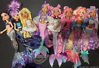 All nine Mermaze Mermaidz dolls lined up to show variety of characters, tails and outfits