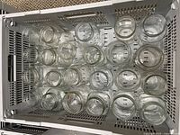Top view of 24 clear glass jars arranged in crate