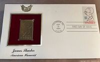 Front of first day cover showing gold replica stamp, postmark, and USPS 29¢ Thurber stamp