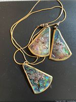 Front view of necklace pendant and earrings showing abalone shell fronts