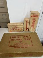 All four boxed Marx accessories and train set box grouped