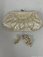Front view of clutch, brooch, and earrings displayed together