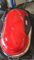 Closed red lid of Coleman RoadTrip grill inside carrying bag