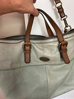 Front view showing light sage leather body, tan handles, brass hardware, Fossil plaque