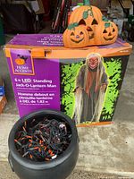 Boxed 6-ft Jack-O-Lantern Man, plastic cauldron with mini lights, ceramic pumpkin tealight holder
