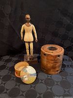 All three wooden items: mannequin, trinket box with lid, cylindrical block