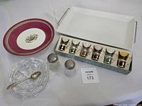 All items grouped: cake plate, charcuterie tray, serving dish with spoon, salt & pepper shakers, boxed set of six shot glasses
