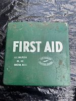 Top view showing FIRST AID lettering and branding on green metal box