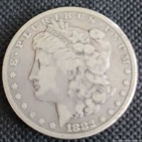 Obverse of 1882 Morgan silver dollar showing Liberty and date 1882