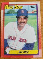 Front of 1990 Topps Jim Rice card showing player image and team branding