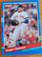 Front of 1991 Donruss Roger Clemens card showing image, team logo, player name and position