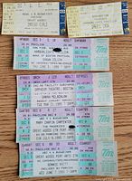 All six Ticketmaster stubs laid out showing artist names, venues and dates