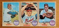 Front view of three 1968 Topps Atlanta Braves cards laid side-by-side