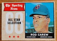 Front of 1968 Topps Rod Carew All-Star Selection card showing portrait, title graphics and card number context