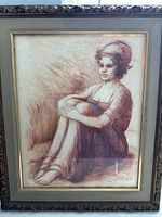 Full view of framed drawing, showing artwork, frame and mat