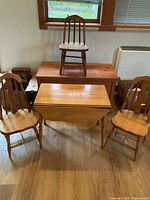 Group shot showing cedar chest, pine table, two matching chairs, smaller chair