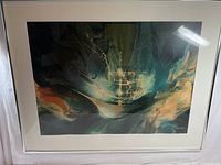 Full view of framed abstract watercolor showing artwork, mat, and frame